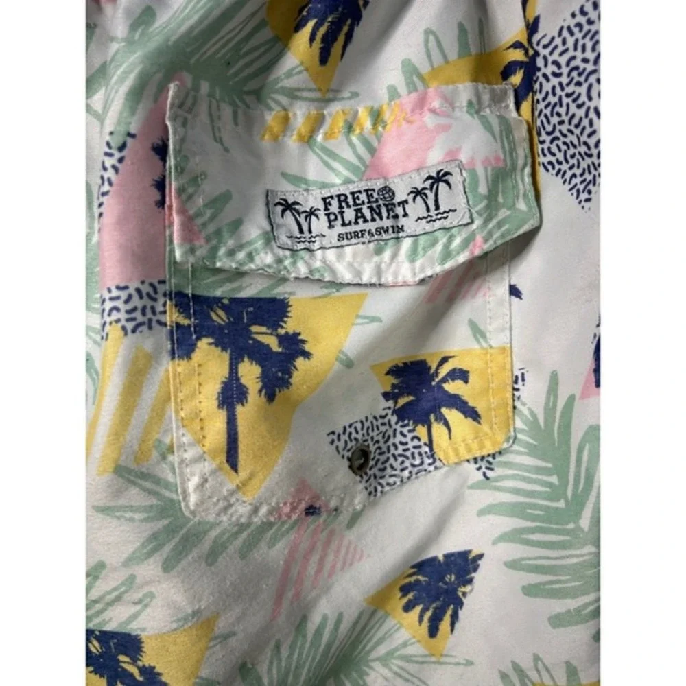 Free Planet Men Small Swim‎ Trunks White Tropical Geometric Palm Tree Print 5in